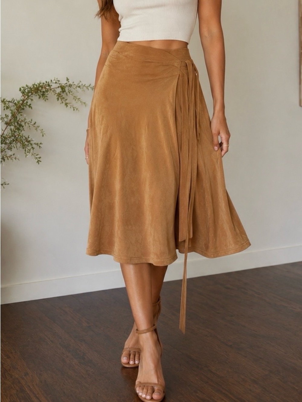 Belle Poque Brown Suede Midi Wrap Skirt Tie Waist Zip Womens Size S Boho EUC